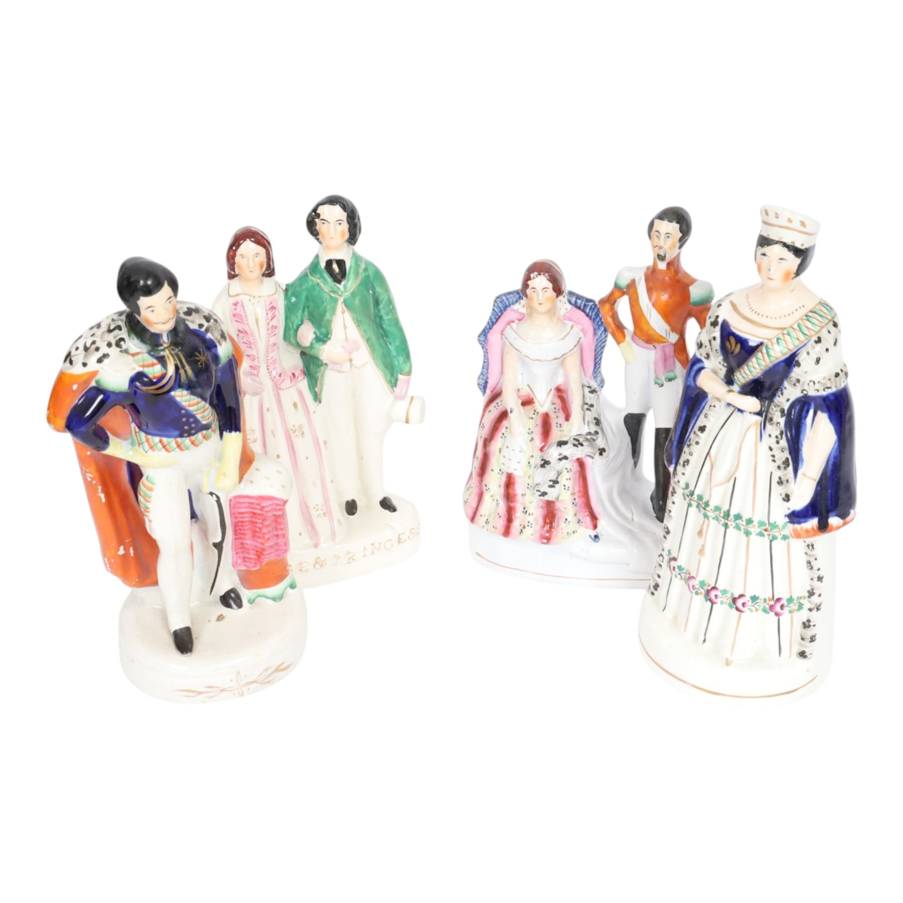 Group of 19th century Staffordshire figures, comprising pair depicting Queen Victorian and Prince Albert, she stood crowned, wearing short cloak, her hand clasped in front of her waist, he wearing cloak and military jacket, tallest example H28cm, figure group depicting The Prince and Princess Alexandra of Denmark, later Princess of Wales, he wearing green jacket and holding top hat in his left hand, she wearing bodice and full length skirt and carrying hat over he right arm, H24.5cm, and figure group depicting Empress Eugenie and Napoleon III, he in uniform, his left hand upon a plinth, she seated in chair, H23.5cm