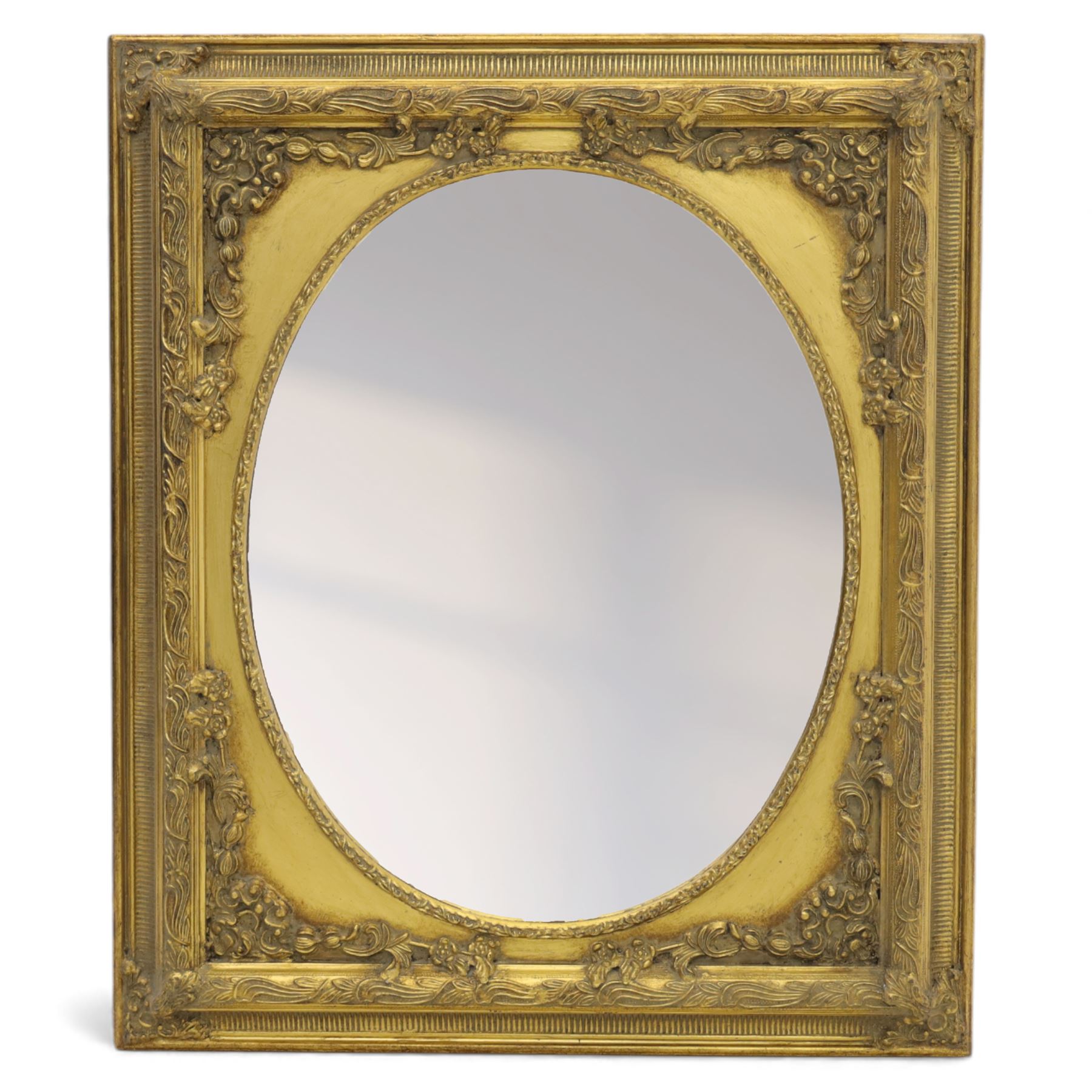 20th century gilt and composition framed wall mirrors, comprising a Rococo revival rectangular mirror with pierced scrolling acanthus and C-scroll cast border enclosing a plain plate (H 65cm, W 40cm), an oval neoclassical mirror with beaded frame, laurel crestings and trailing foliate sprays (H 57cm, W 45cm), a rectangular mirror with simulated marble effect side panels and foliate cast outer border (H 60cm, W 75cm), and a rectangular mirror with reeded and foliate moulded frame surrounding an oval aperture and plain plate (H 86cm, W 56cm)