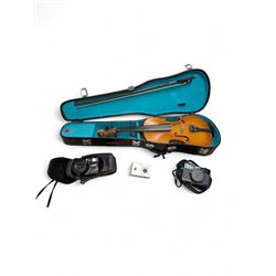 Lark violin and bow in case, together with three cameras including Minolta Hi-Matic G2, Ca...