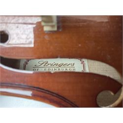 Four student violins - two Chinese three-quarter size with 33.5cm and 34cm two-piece backs; Stringers of Edinburgh quarter size with 28cm two-piece back; and Stentor quarter size with 28cm two-piece back; each in carrying case (4)