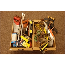  Various hand saws, box of WorkZone wall plugs, sanding belts etc... in two boxes  