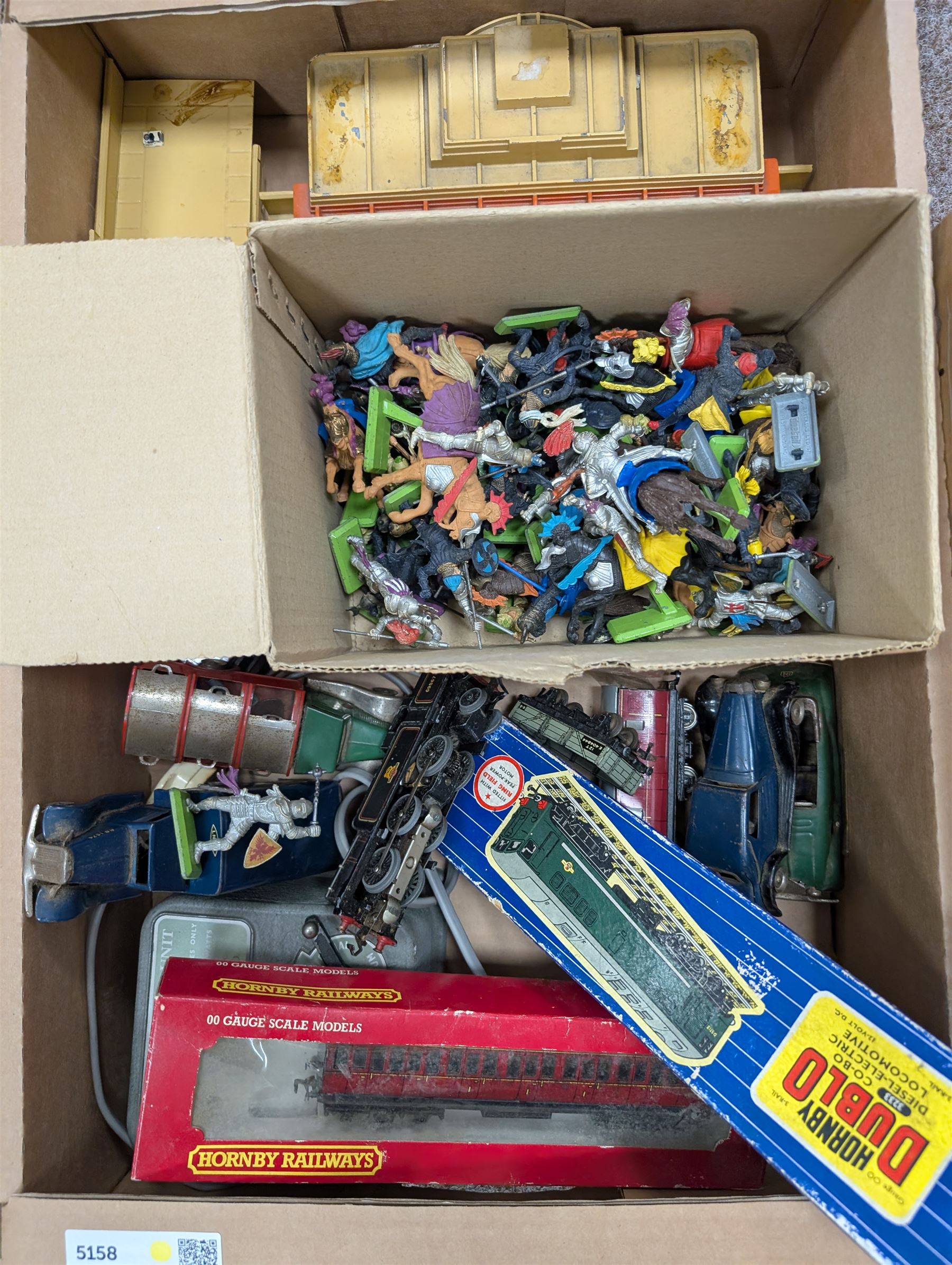 Hornby Dublo Co-Bo diesel locomotive, boxed, one other Hornby steam locomotive, Hornby accessories, four Minic cars and a collection of Deetail soldiers 