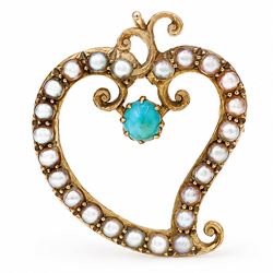 Edwardian 15ct gold pearl and turquoise witches heart brooch