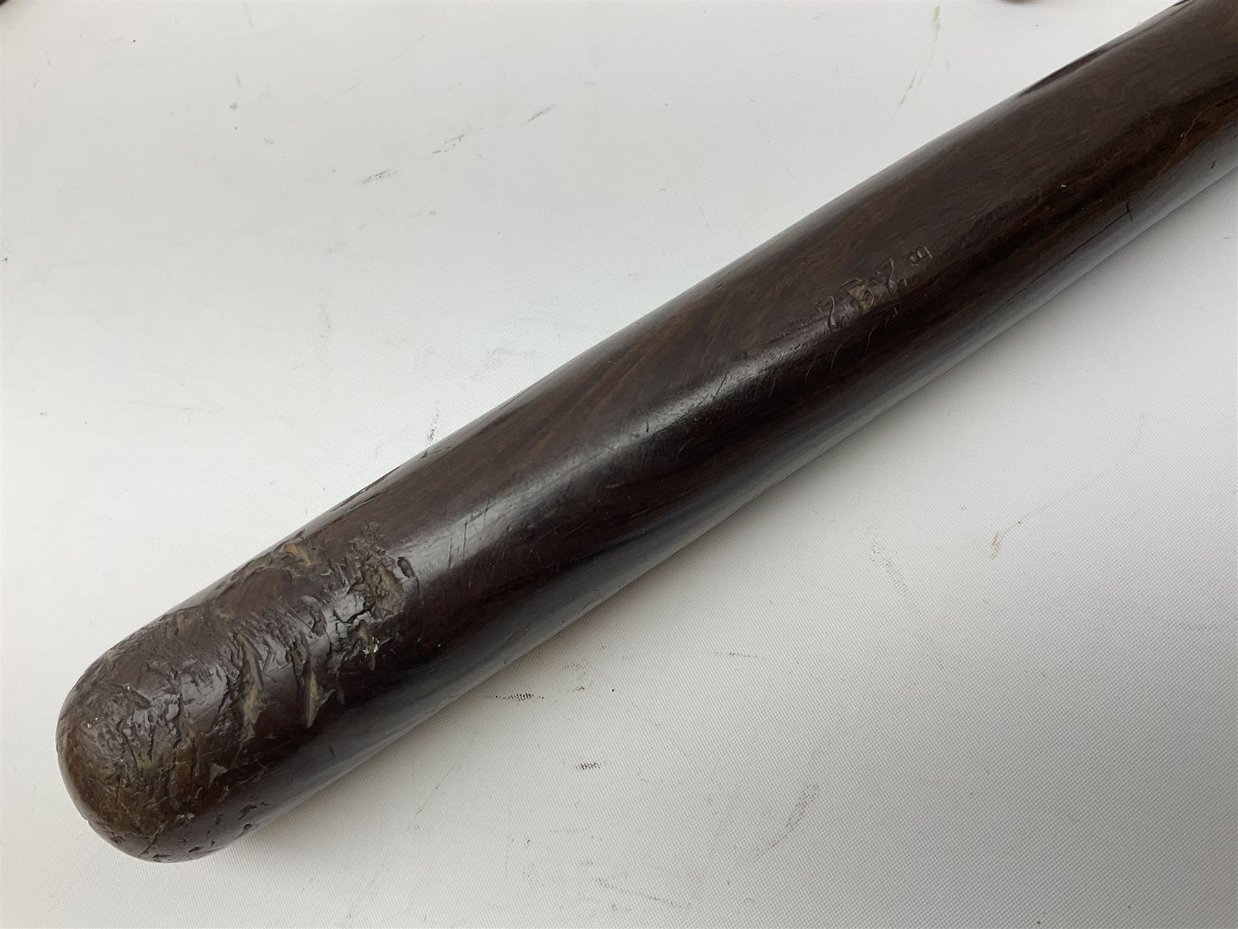 Three police turned hardwood truncheons comprising two patrol truncheons and WPC short truncheon (3)