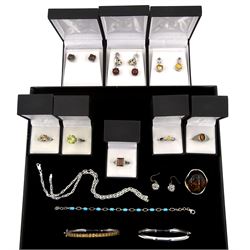 Silver jewellery including diamond bangle, amber pendant / brooch, tiger's eye earrings and ring, turquoise bracelet, smokey quartz ring, etc