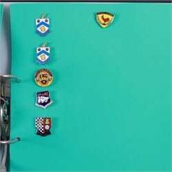 Amateur rugby league enamel badge collection, teams including Birmingham Bulldogs, Bridlington, Dudley Hill, Duke of York, Edinburgh Eagles, Guiseley, Rangers, Huntingdon, Keighley Town, Leigh Miners, Pilkington Recs, St Josephs, Thornhill Trojans, West London Sharks etc, all displayed in three folders and six amateur league badges from Leeds & District, Hull & District, York & District, Warrington, Lancashire County and Yorks County in box display, (approximately 270)