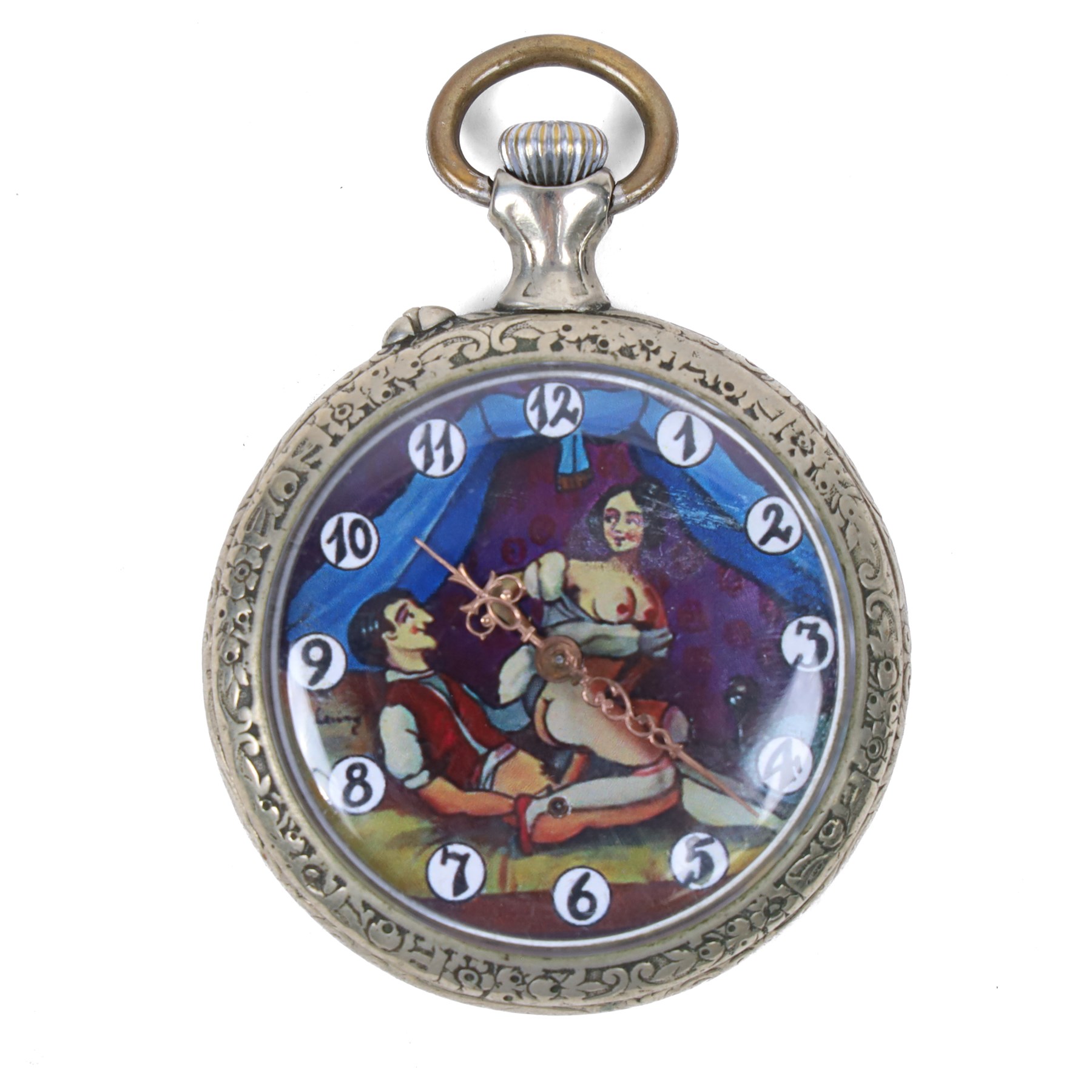 20th century silver plated pocket watch, the dial later printed with an erotic scene, D5cm