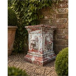 Early 20th century terracotta pedestal, square form with egg and dart detail, four lions m...