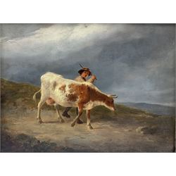 English School (18th/19th century): Farm Boy leading a Cow on a Moorland Track, oil on oak panel unsigned 21cm x 27cm