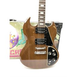 1972 Gibson SG mahogany electric guitar, made in USA, with retro fitted bridge and pick-ups marked 'Seymour Duncan', serial no.676818, L98cm; in hard carrying case hand-painted with a scene entitled 'Baby-Chew'