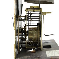 18th century longcase clock movement, the steel and brass dial inscribed Porthouse, Darlington, eight day with moon roller and centre calendar, seconds ring 44cm x 31cm