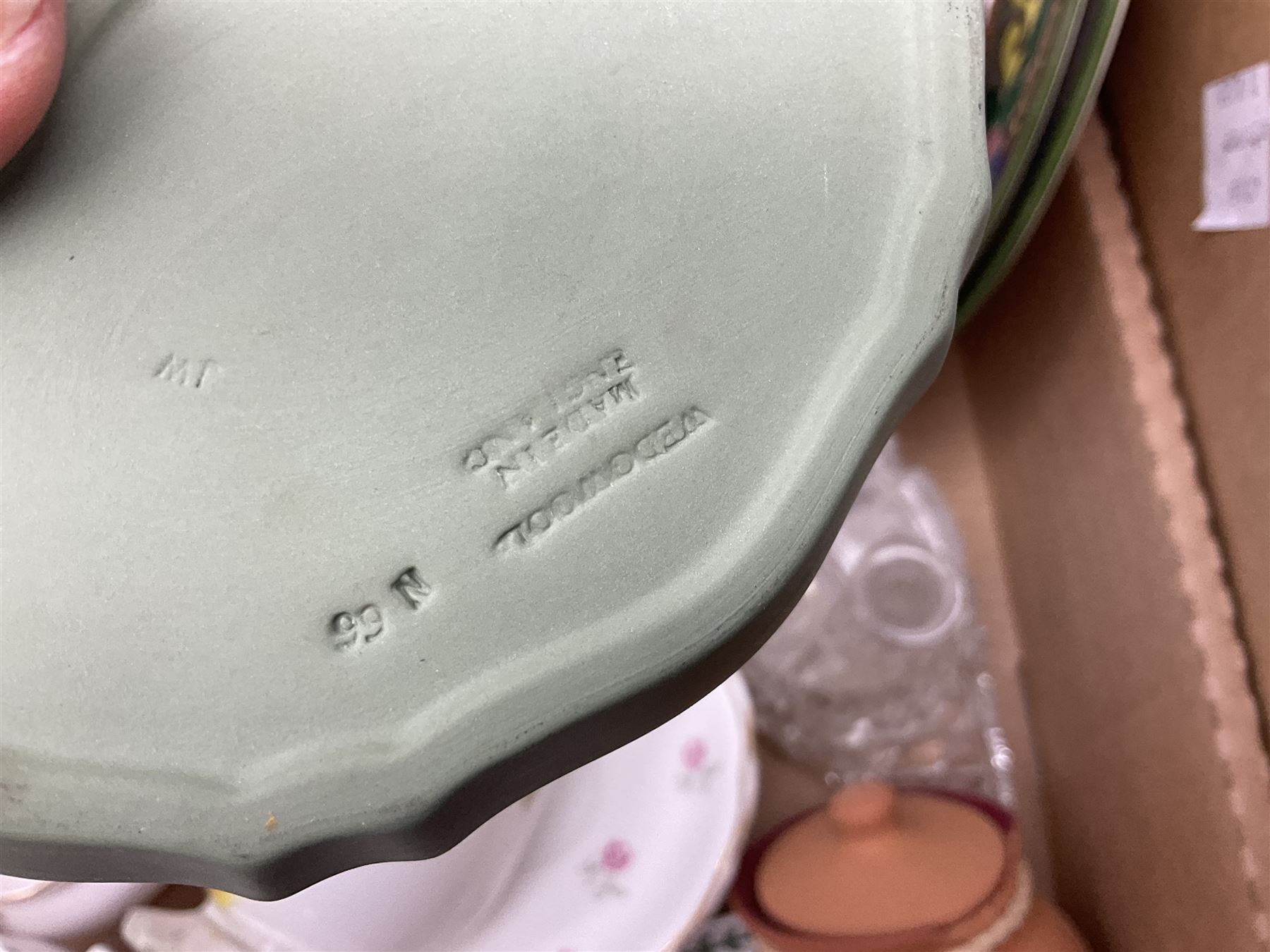 Quantity of ceramics to include Kernewek Cornwall tea wares, pair of Royal Doulton Islamic series plates, sage green Wedgwood Jasperware, Coclough tea wares, glassware etc in two boxes