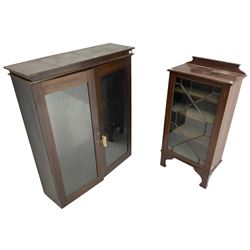 Edwardian inlaid mahogany cabinet, single astragal glazed door enclosing three shelves (W60cm D34cm H122cm); Early 20th century oak enclosed bookcase, fitted with two glazed doors (W108 D33 H130)