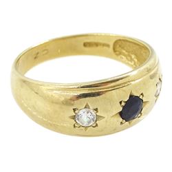 9ct gold three stone gypsy set blue and white cubic zirconia ring, hallmarked
