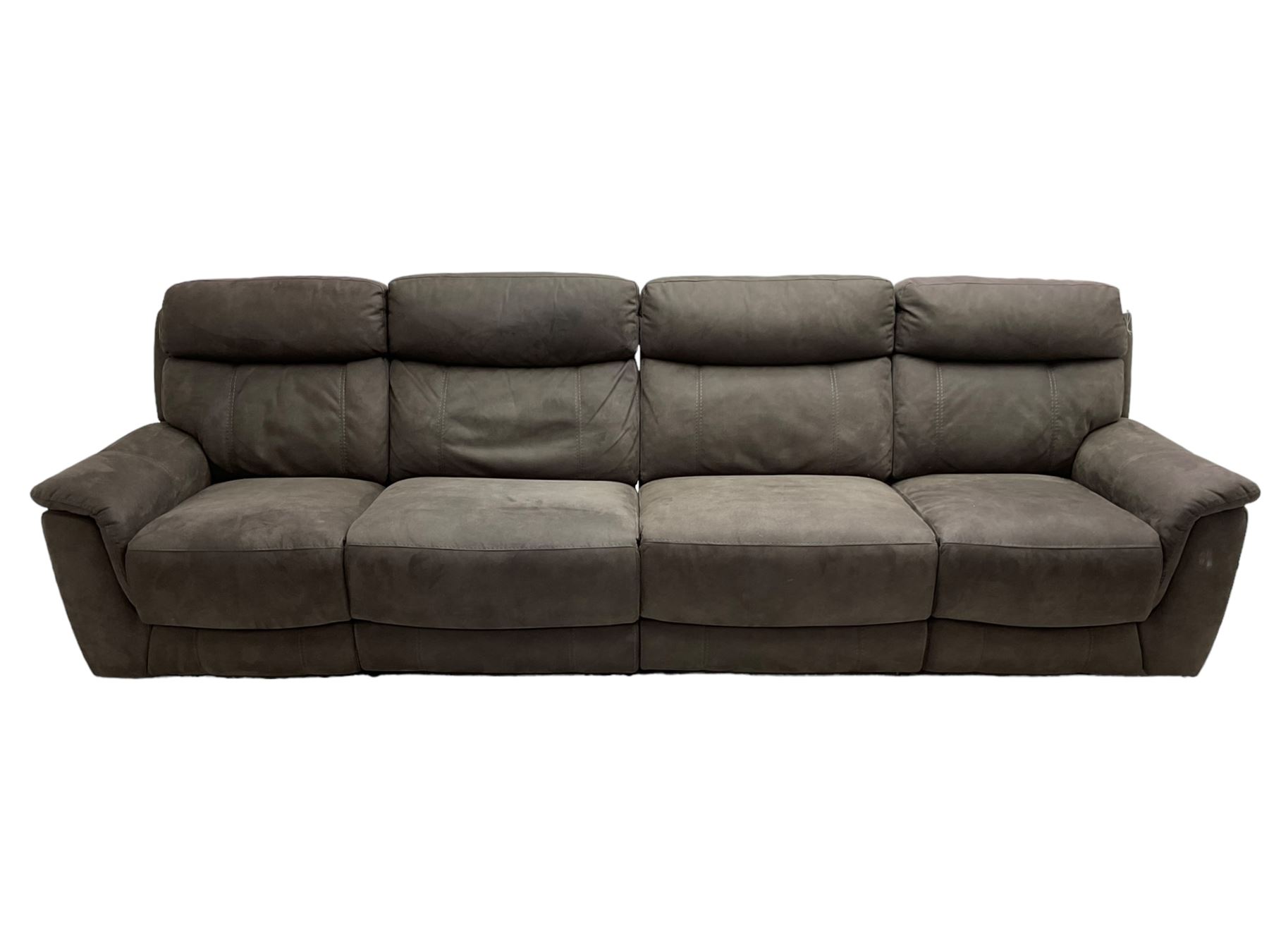 DFS - 'Vinson' grande four-seat electric reclining smart sofa upholstered in stitched grey fabric, each seat with independent electric reclining action, fitted with two USB charging ports 