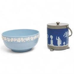 19th century Wedgwood Jasperware biscuit barrel, bas relief decorated with Diana and other classical figures, with EPNS mounts and swing handle, H18cm together with a Wedgwood Queen's Ware bowl (2)