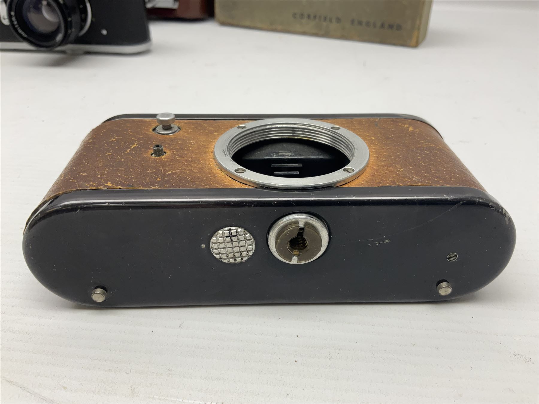 Zorki-4K camera body, serial no 74334713 with 'Jupiter-8 2/50' lens serial no 7454365, Zorki-4 camera body serial no 71012418 with 'Jupiter-8 2/50' lens serial no 0174594, and three other cameras 