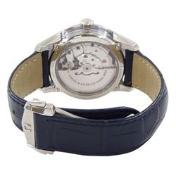 Omega De Ville Hour Vision gentleman's stainless steel automatic wristwatch, Cal. 8900, Ref. 433.33.41.21.03.001, serial No. 87712187, blue dial with date aperture, on original blue leather strap and stainless steel foldover clasp, boxed with papers and warranty card dated 2020