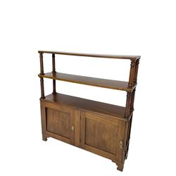 Early 19th century bookcase, two shelves with turned and foliate carved supports, two panelled cupboards below