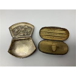 Five snuff boxes, including novelty snuff box in the form of a shoe, pierced example, rectangular hinged lid with white metal decoration and two others  