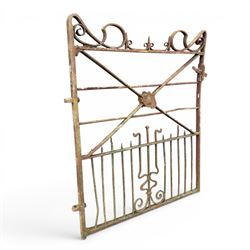 Impressive 19th century 4' wrought iron Country House pedestrian gate, bar form with close rail base, X framed with central crests, scroll and spike top