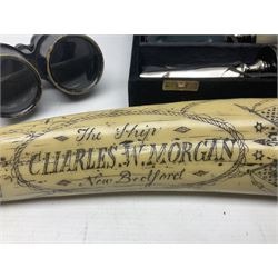 Horn handled magnifying glass and letter opener cased set, replica Scrimshaw in the form of a tusk titled The Ship Charles W Morgan New Bedford and pair of binoculars