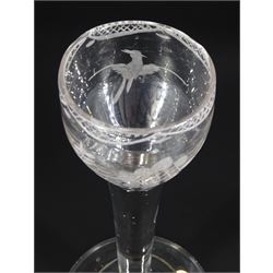 18th century cordial glass of possible Jacobite interest, the ogee bowl engraved with bird in flight and sunflower, upon a plain stem and folded conical foot, H15cm