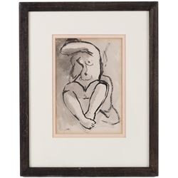 Jean-Georges Simon (Austria-Hungary 1894-1968): Nude Woman Playing Flute and Nude Study, two pen and ink drawings, one signed with initials and dated '61, 30cm x 22cm and 19cm x 13cm (2)