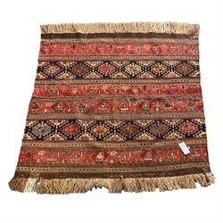 Small Kilim rug decorated with geometric motifs (135cm x 88cm), and a flat-woven rug, decorated in horizontal bands, stylised animal and plant motifs (100cm x 111cm)