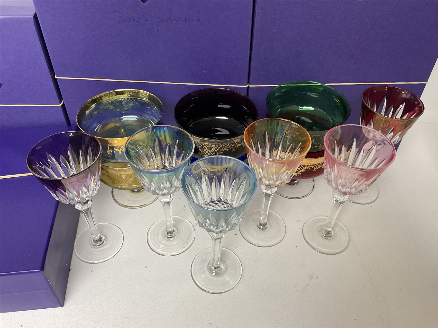 Set of six hock glasses with coloured bowls, together with set of six footed glass bowls of various colours, and large quantity of boxed Edinburgh Crystal glass ware