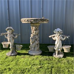 Pair of cast stone girl and boy ornaments,  and similar bird bath - THIS LOT IS TO BE COLLECTED BY APPOINTMENT FROM DUGGLEBY STORAGE, GREAT HILL, EASTFIELD, SCARBOROUGH, YO11 3TX