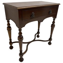 Georgian design mahogany lowboy, fitted with single cock-beaded drawer over double-arched apron, raised on turned supports united by shaped X-stretcher