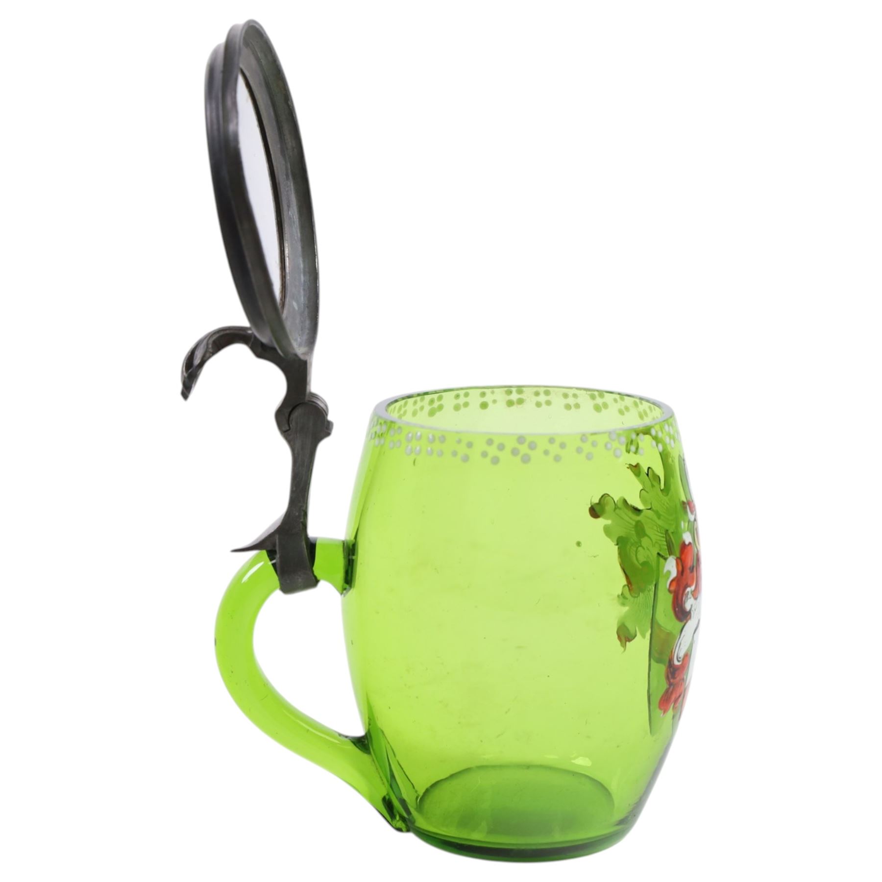 19th century German green glass stein, enamel decorated with a gentleman holding a stein, with a pewter lid, together with another smaller example decorated with a coat of arms and a Sampson style tankard