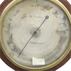 Three wheel barometers, a mother of pearl inlaid mahogany case, swan neck pediment, thermometer and circular dial, H 92cm, the second Sheraton Revival style with floral inlay, swan neck pediment, thermometer and circular dial, H 102cm, the third Sheraton Revival style, H 95cm (3)