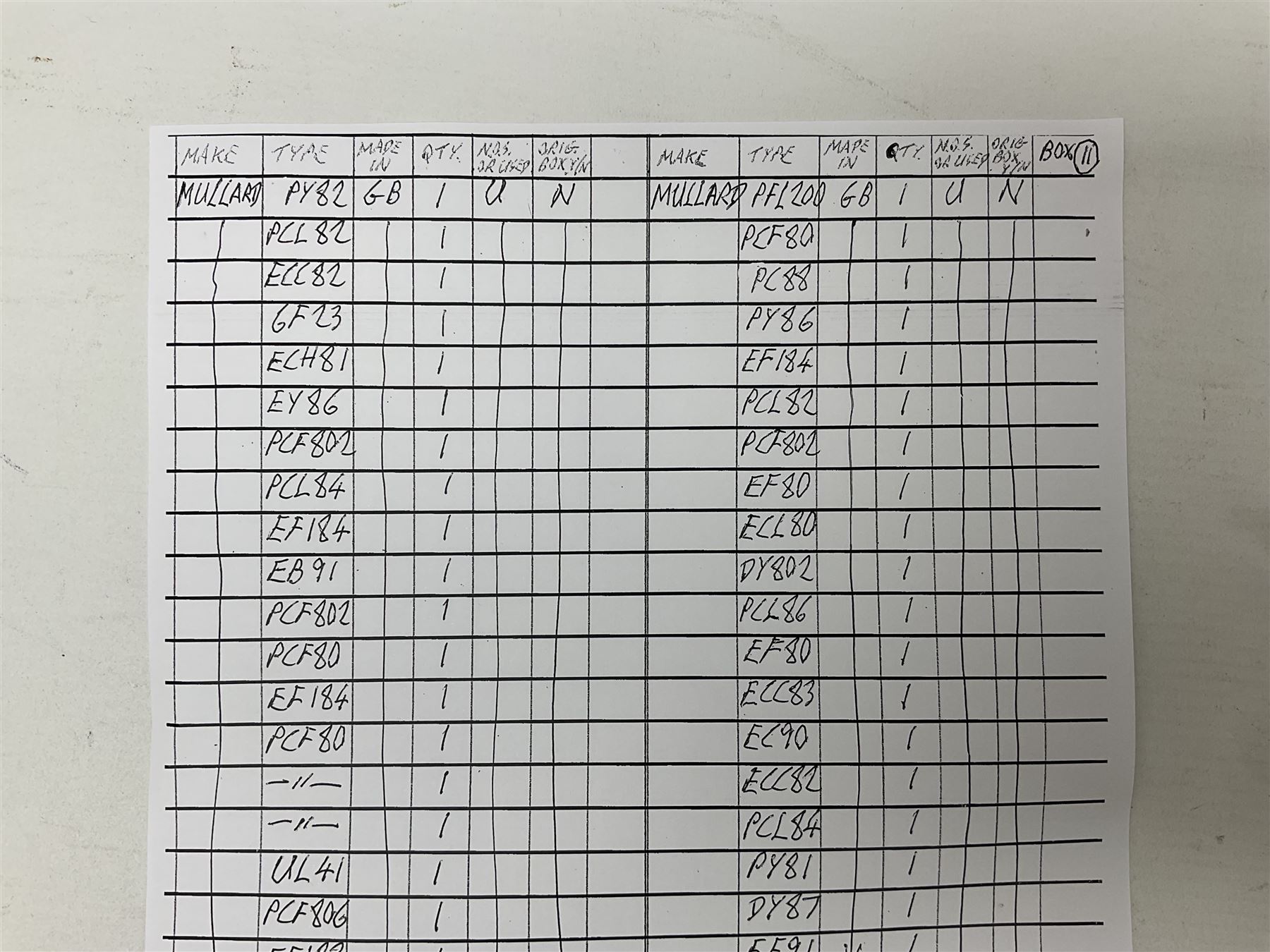 Collection of Mullard thermionic radio valves/vacuum tubes, including PY500, PFL200, EF80, PC88, PCL86, etc approximately 60 as per list, unboxed