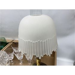 Quantity of glassware to include Mats Jonasson koala paperweight, set of six Stuart drinking glasses, seven green wine glasses with ovoid bowls, decanter, brass lamp etc