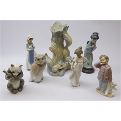 Lladro Geisha Girl no. 4989, five Nao figures incl. Polar Bear and Owl and Spanish pottery vase (7)  