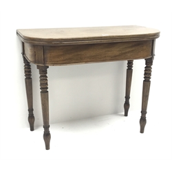  19th century mahogany side table, fold-over top, turned tapering supports, W94cm, H76cm, D92cm  