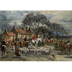 Rowland Henry Hill (Staithes Group 1873-1952): 'Goathland Hounds at Lythe', watercolour and gouache signed and dated 1937, original title label verso 26cm x 36cm