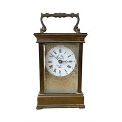 French -  brass cased 20th century  8-day timepiece carriage clock, dial inscribed L' Epee Fondee-En 1839, Sainte Suxanne, France, with a circular enamel dial and an embossed brass dial mask, Roman numerals, minute markers, five minute Arabic's and steel moon hands, with a jewelled lever platform escapement.