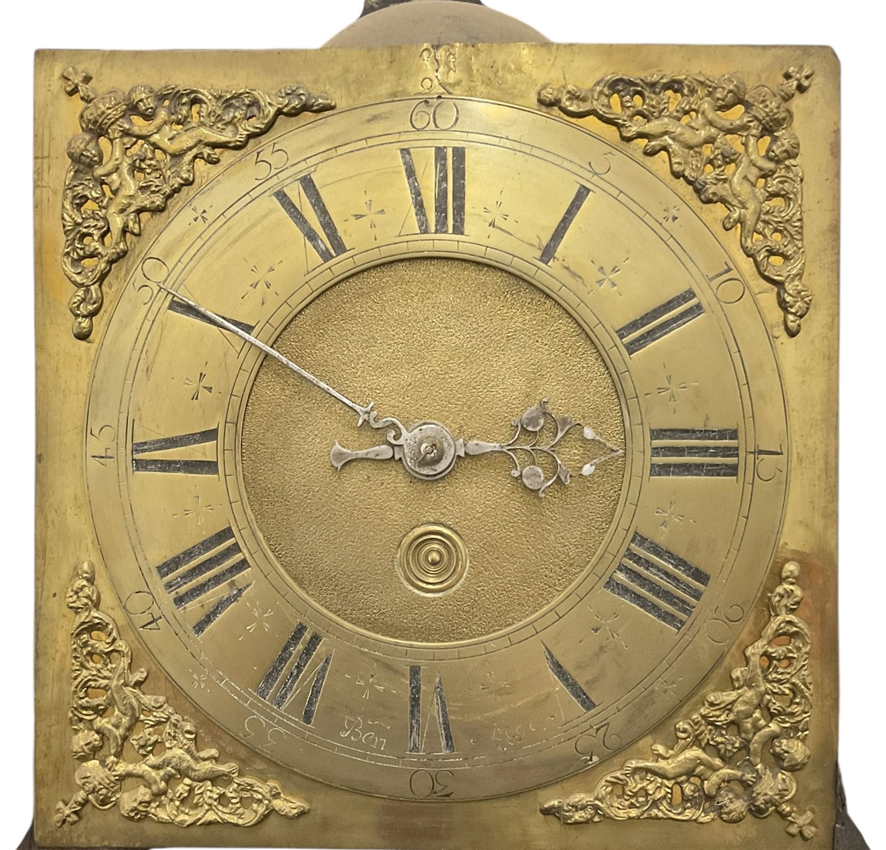 Benjamin Rodgers of Chesterfield- Fine provincial early18th-century 30-hour oak longcase clock       
 c1720, with a stepped caddy top and square hood door beneath, with detached pilasters with wooden capitals, case with reeded corners and a ogee toped long trunk door, with a square pediment and decorative applied skirting, brass dial with restoration spandrels, matted centre, original steel hands and chapter with Roman numerals, quarter hour and minute tracks, dial pinned to a countwheel striking movement, striking the hours on a bell.
 With weight and pendulum.  