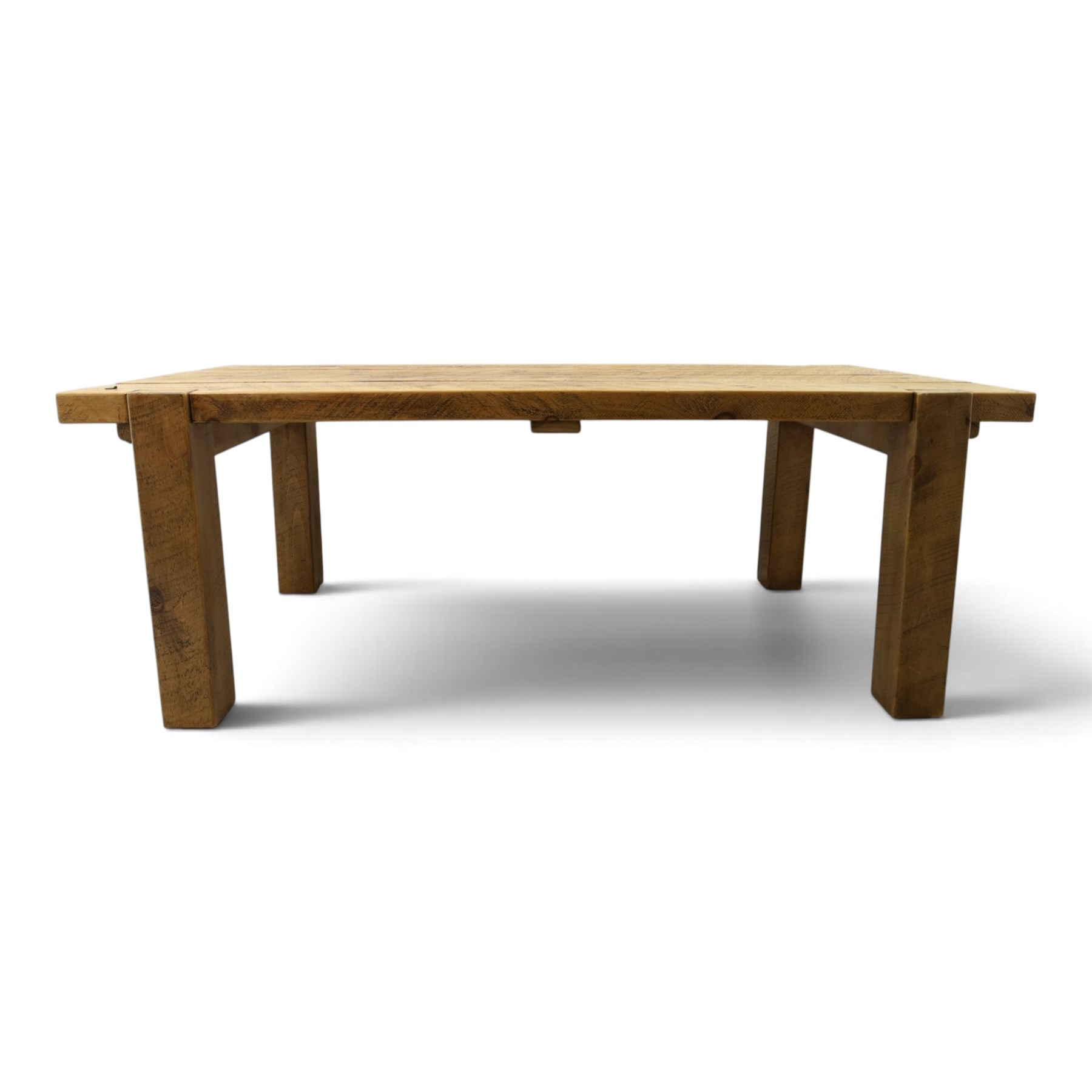 Indigo Furniture - large rustic oak dining table, rectangular four plank top raised on square supports; with set of six beech high ladder-back dining chairs