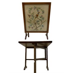 Contemporary stained beech metamorphic library steps seat (W41cm, D37cm, H90cm), oak framed metamorphic fire screen table with needle work panel (W53cm, D21cm, H76cm), and a child's high chair 