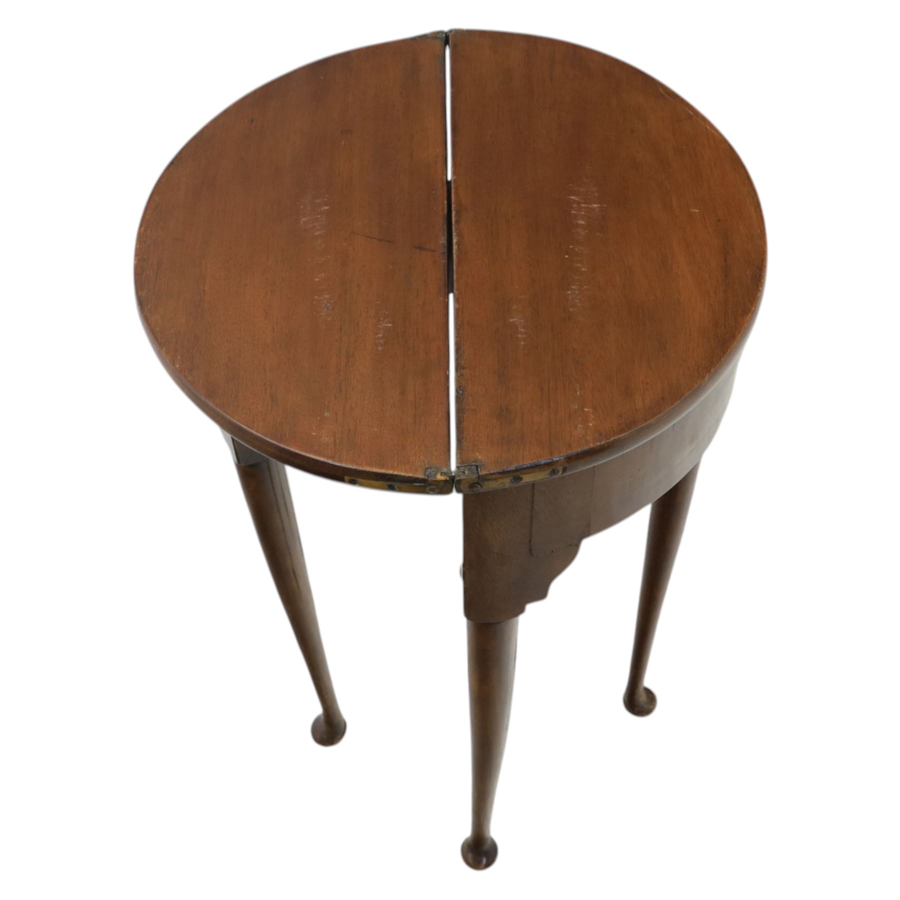 Small proportioned 19th century demi-lune drinks table, foldover top with gate action, raise on tapering cabriole legs