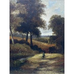 English School (19th century): Figure Walking Down Country Lane, oil on canvas unsigned 49cm x 37cm