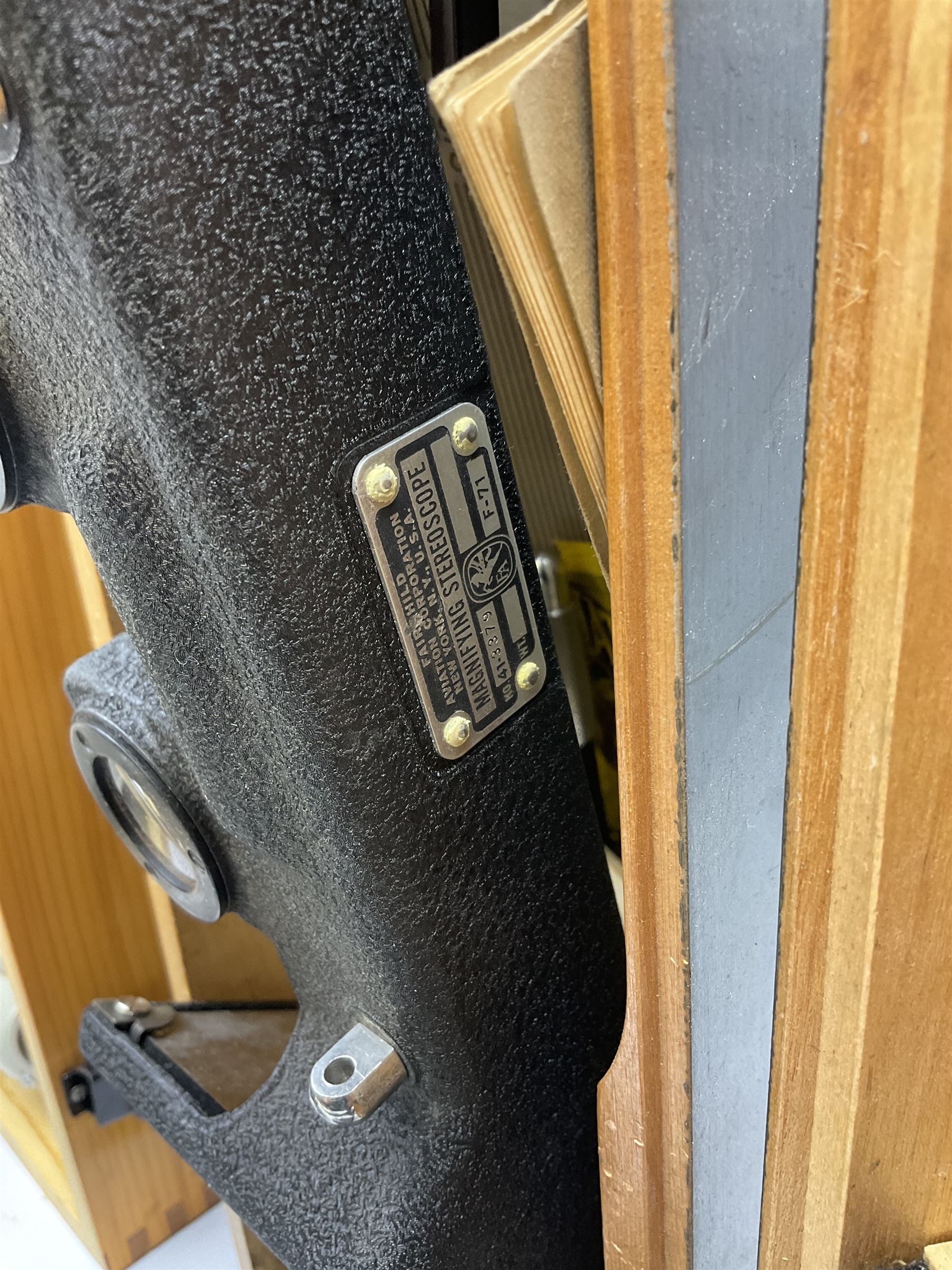 WW2 American Fairchild F-71 binocular magnifying telescope, in green painted wooden carrying box with instruction leaflet L48cm; WW2 Air Ministry Astro Compass Mk.II Ref. 6A/1174(0); Zenith Projection & Camera Lucida Attachment RA-6, boxed with instructions and 1977 purchase invoice; two cased sets of drawing instruments; and a boxed Faber slide rule (6)