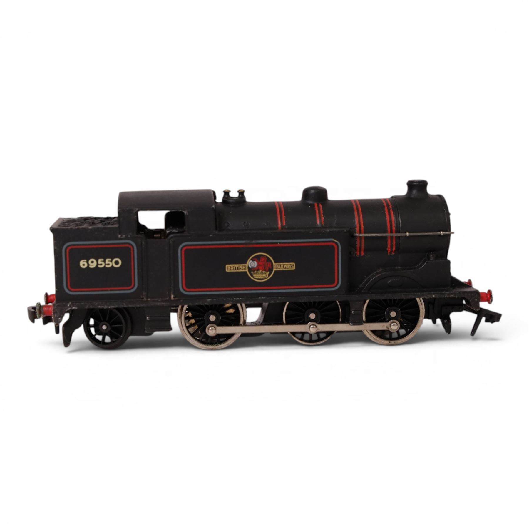 Three Hornby Dublo 00 gauge locomotives in black, comprising 2224 L.M.R 2-8-0 8F Locomotive and Tender no. 48073, 2218 2-6-4 Tank Locomotive no. 80033 and 2217 0-6-2 Tank Locomotive B.R. no. 69550, all boxed