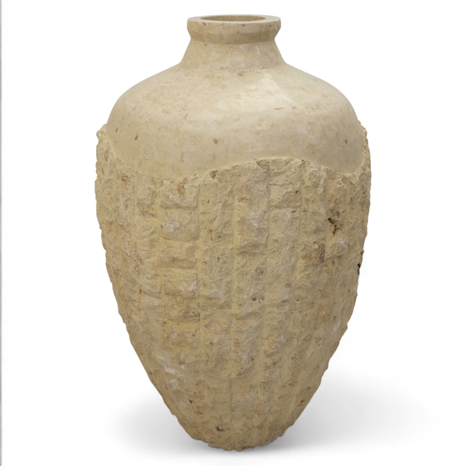 Two Mactan composite stone vases, of rounded tapering form with textured lower bodies and smooth necks

(Smaller vase H 64cm, W 45cm)