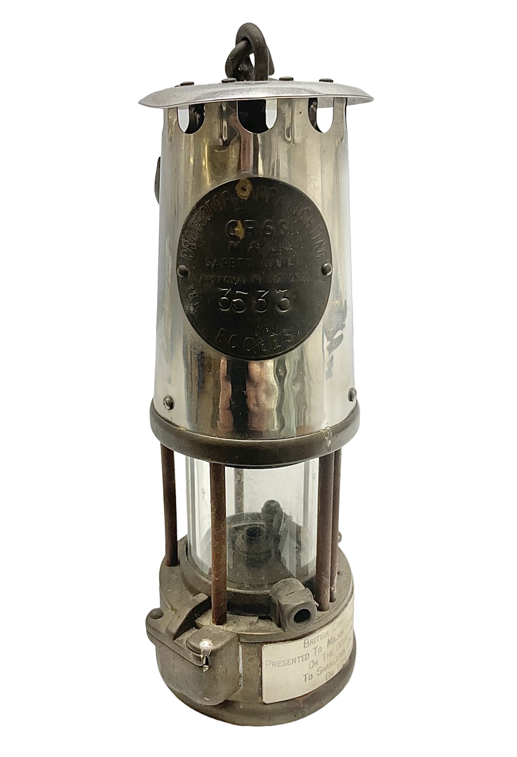 Miners Lamp The Protector, Eccles no 3533, with engraved plaque, H26cm