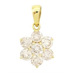 18ct gold round brilliant cut diamond flower head cluster pendant, Sheffield 2000, total d...